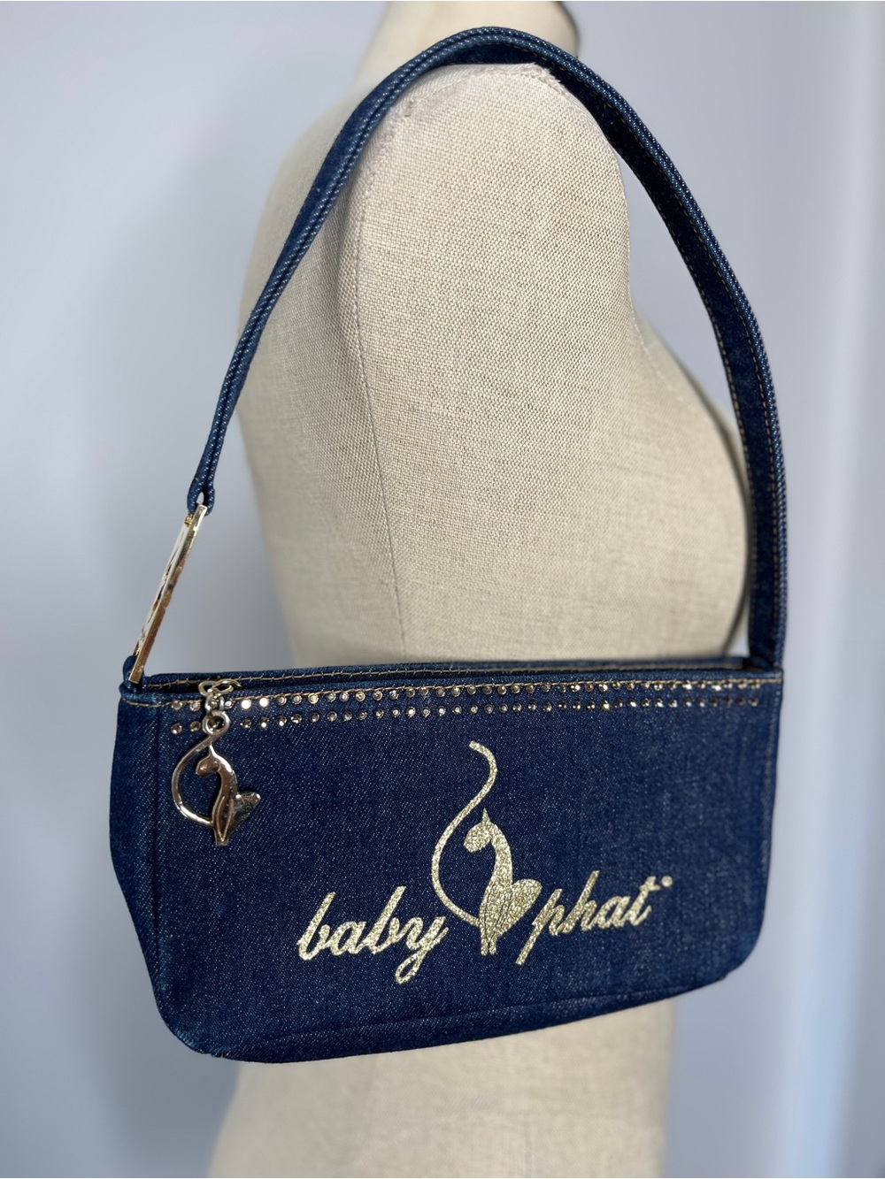 Vintage Baby Phat Denim Baguette Shoulder Bag Y2K Gold Logo Cat Charm Purse
